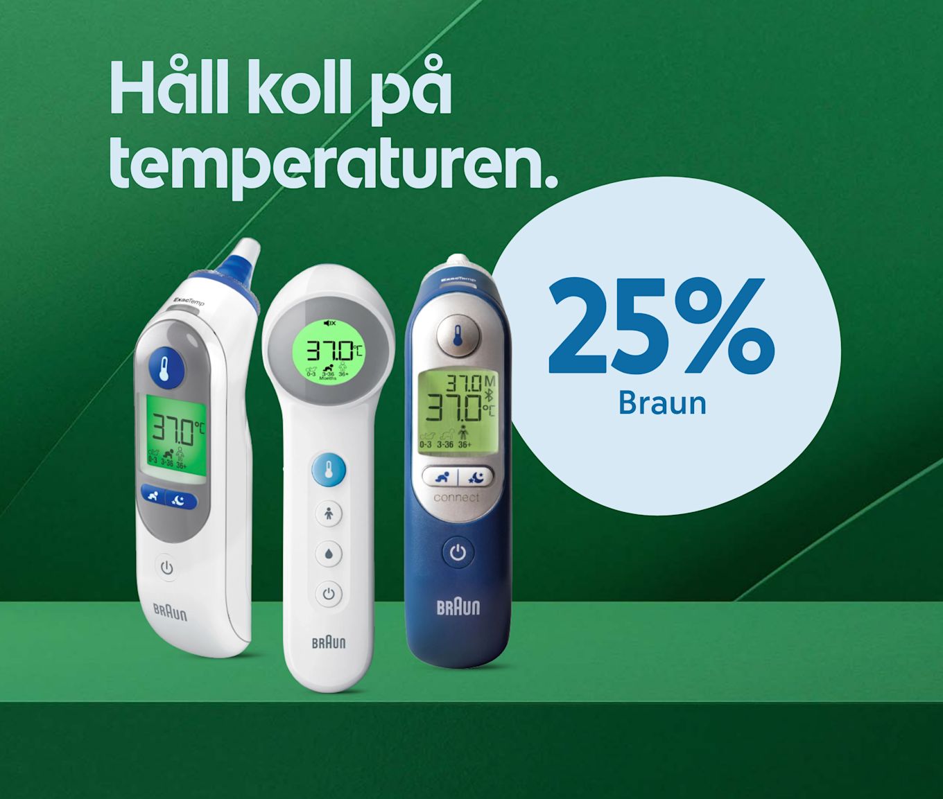 Tre olika Braun-termometrar visar temperatur på 37,0°C mot en grön bakgrund med texten "Håll koll på temperaturen." och en cirkel med texten "25% Braun".